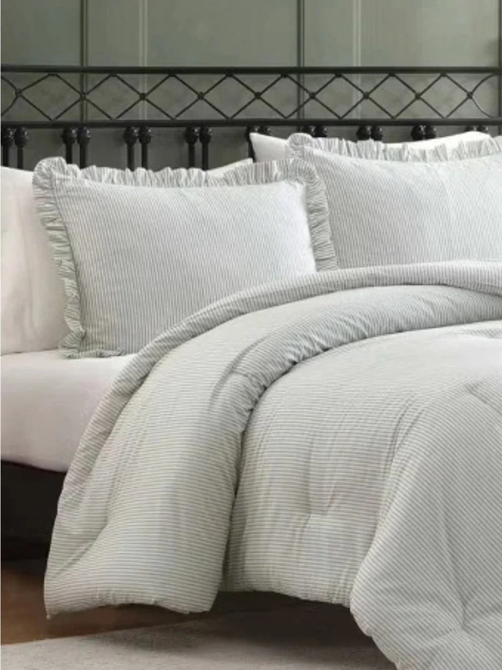 Laura Ashley Oxford Stripe Green Twin Comforter Set 100% Cotton NWT